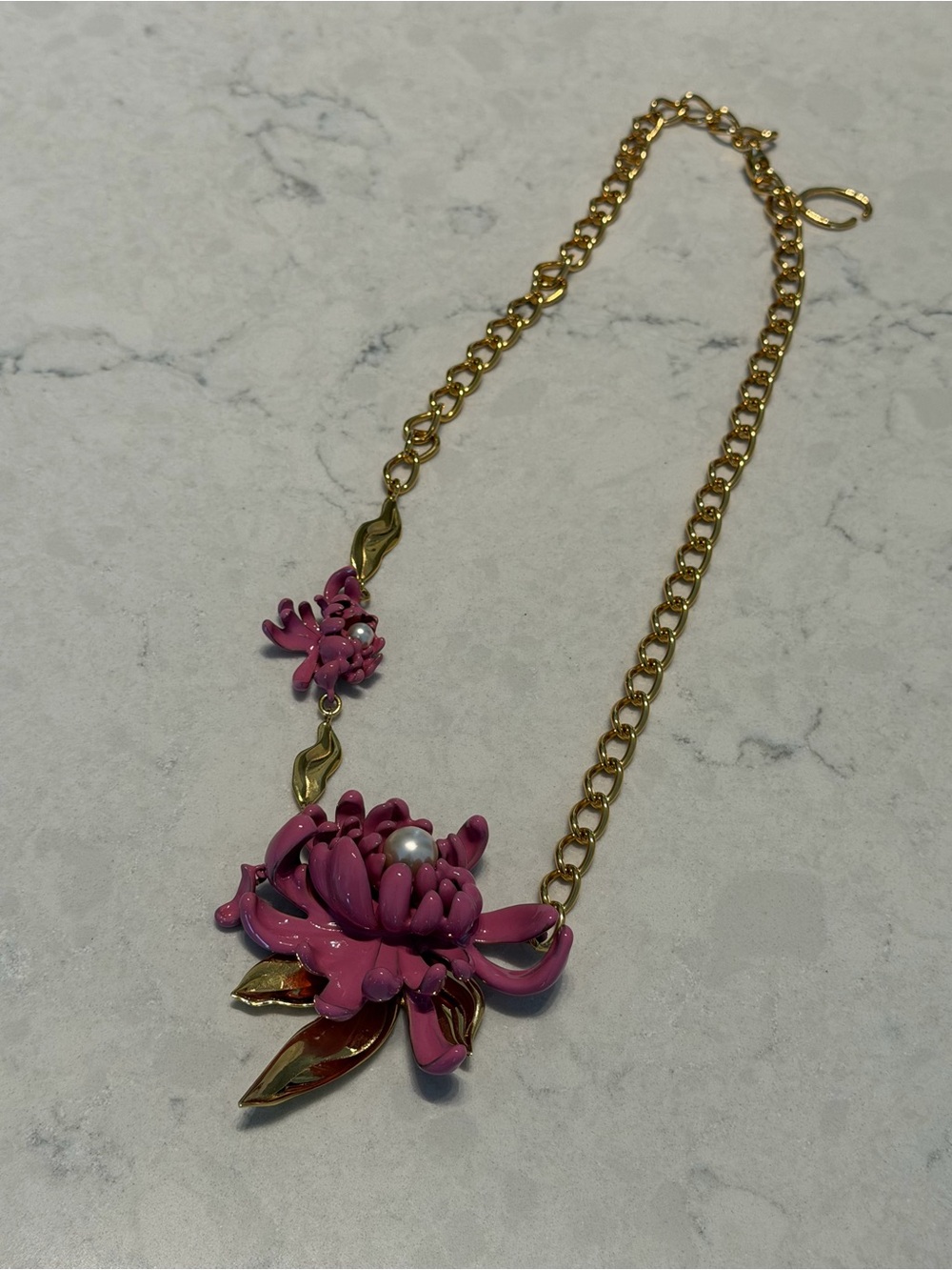 Oscar de la Renta Gold Chain Pink Floral Pendant Necklace